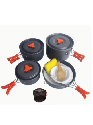 Set of Outdoor Camping Cookware, Including Pots and Frying Pan (accessories Including 5 Small Bowls, 2 Plates,1 Big Plate Small Bamboo Spatula, Soup Ladle, Cleaning Sponge, Storage Bag)