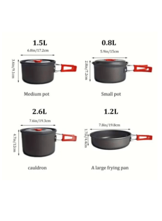 Set of Outdoor Camping Cookware, Including Pots and Frying Pan (accessories Including 5 Small Bowls, 2 Plates,1 Big Plate Small Bamboo Spatula, Soup Ladle, Cleaning Sponge, Storage Bag)