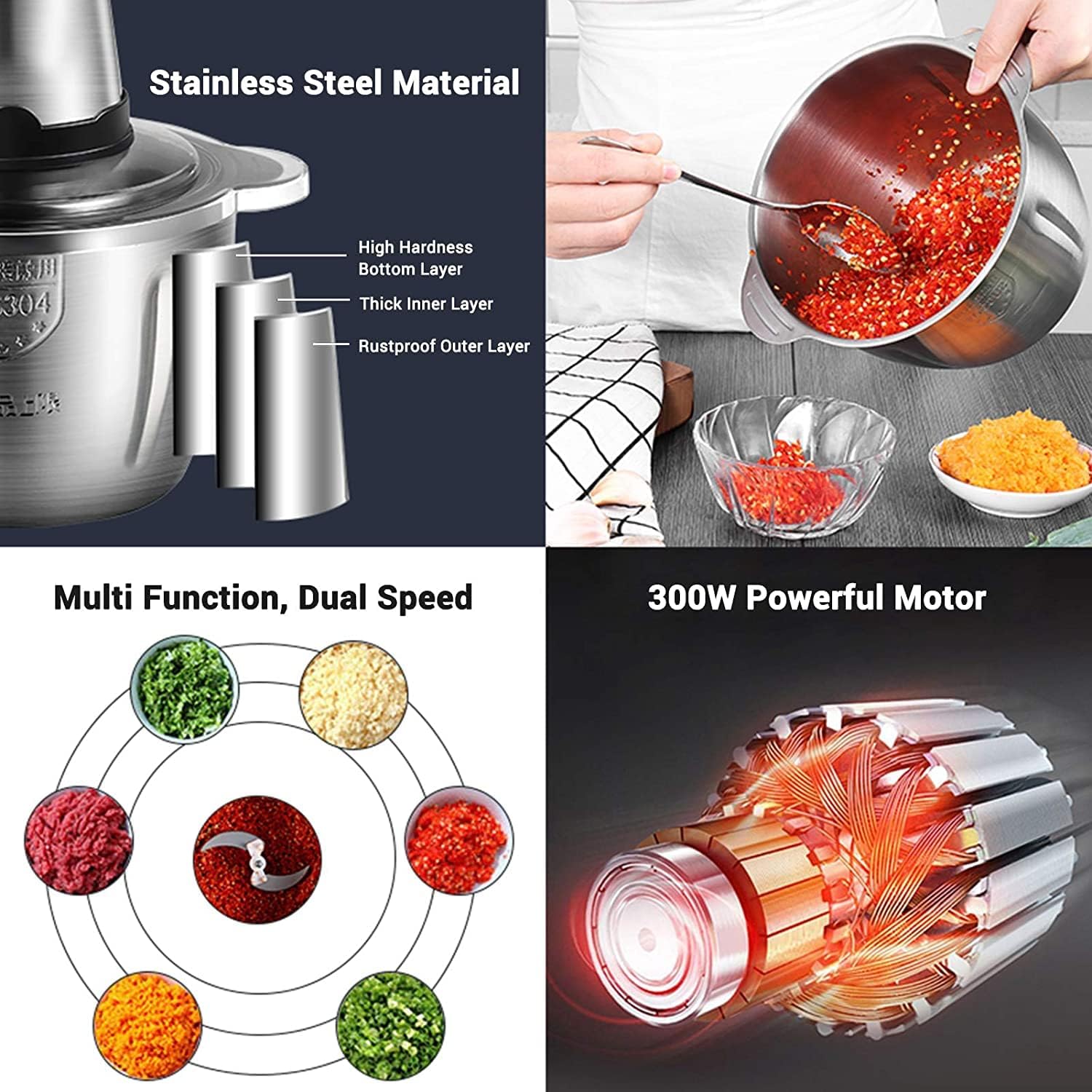e WORLD Meat Grinder, Food Blender & Meat Mincer - 3L Stainless Food Processor Chopper For Vegetables, Fruits and Nuts Automatic Electric Mincing Machine Household Or Commercial