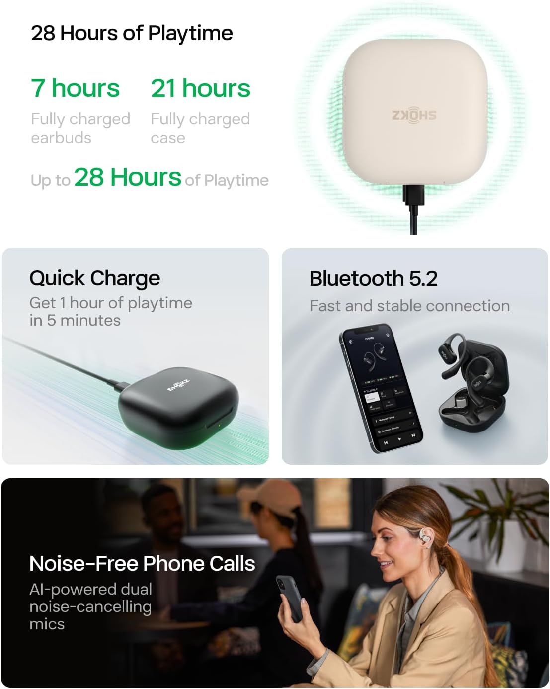 SHOKZ OpenFit Open-Ear True Wireless Bluetooth Headphones with Microphone, Earbuds with Earhooks, Sweat Resistant, Fast Charging, 28HRS Playtime (Beige)