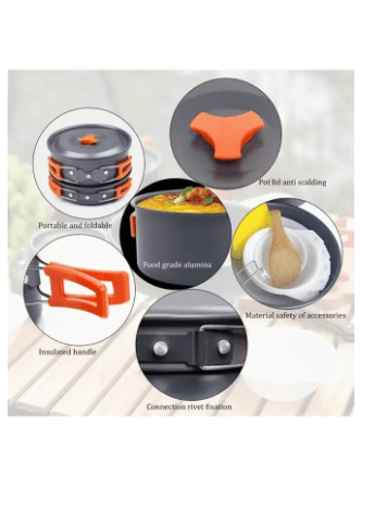 Set of Outdoor Camping Cookware, Including Pots and Frying Pan (accessories Including 5 Small Bowls, 2 Plates,1 Big Plate Small Bamboo Spatula, Soup Ladle, Cleaning Sponge, Storage Bag)