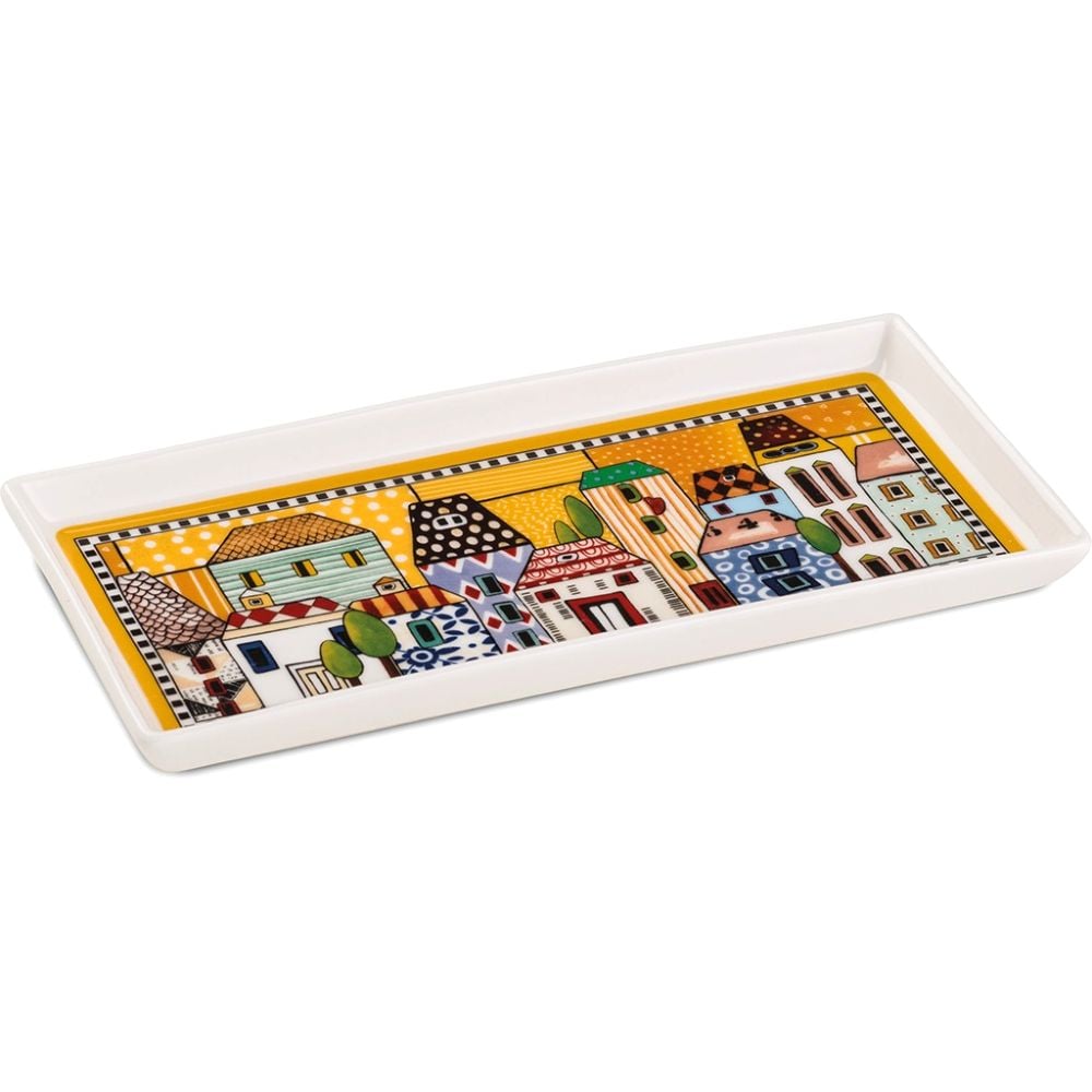 Egan Paese Mio Rectangular Serving Tray 19x9cm – New Bone China Italian Village Design, Decorative Handwash Tray for Snacks, Appetizers, Desserts, Chocolates, and Nuts (Yellow)