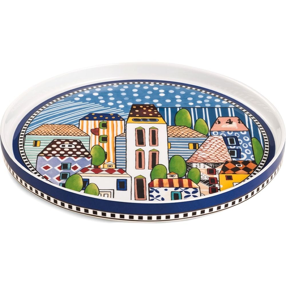 EGAN Paese Mio Serving Tray 24cm – New Bone China, Italian Village Design, Decorative and Functional Tableware, Perfect for Appetizers and Desserts - Blue