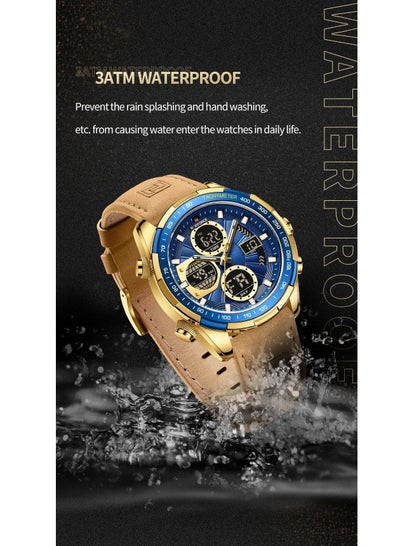 Mens Digital Analog Watch Waterproof Sport Leather Band Watch with Alarm Dual Display Date Wristwatch NF9197