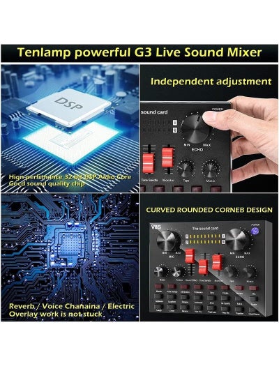 جهاز مزج الصوت المحمول V8، بطاقة صوت حية متعددة الوظائف تعمل بالبلوتوث للغناء/البث المباشر/تسجيل الصوت والموسيقى المتوافقة مع iOS/Android/Windows، أسود