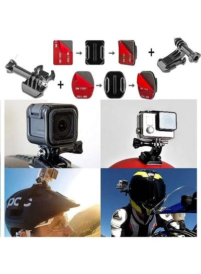 مجموعة ملحقات كاميرا الحركة، طقم أدوات تثبيت وإبزيم لاصق للخوذة، حامل أساسي بمشبك مشبك سريع التحرير، قاعدة تثبيت بإبزيم على شكل حرف J للسطح الرأسي، برغي إبهام طويل، حوامل منحنية ومسطحة