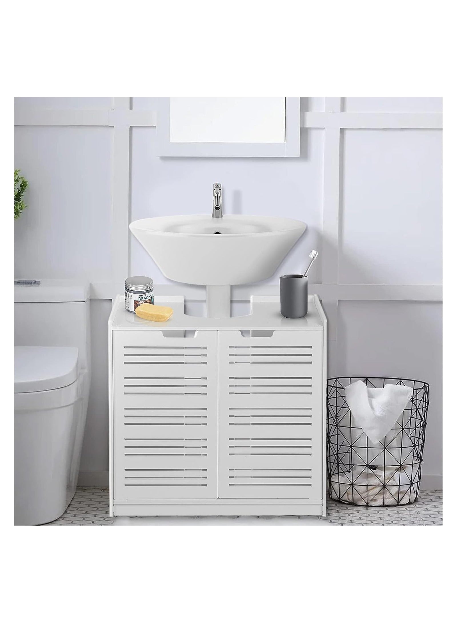 Eworld White Double Door under Basin and Sink Storage Cabinet, Space-Optimized Cupboard and Waterproof Vanity Storage Solution for Modern Bathroom and kitchen