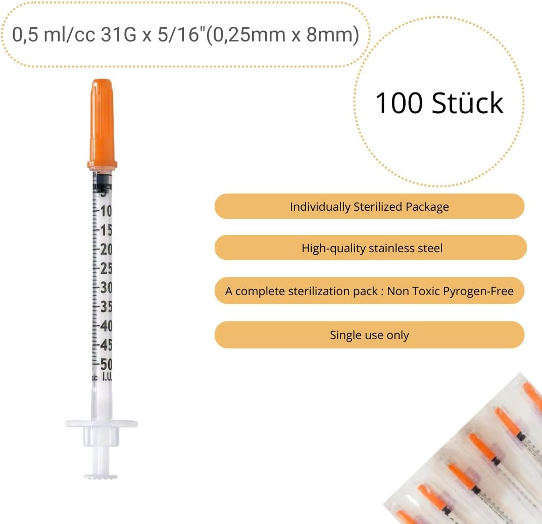 100 x 0.5ml/cc Plastic Tube 31G (0.25х 8mm) Multipurpose Measuring Tools, Individually Wrapped, Lab Accessories