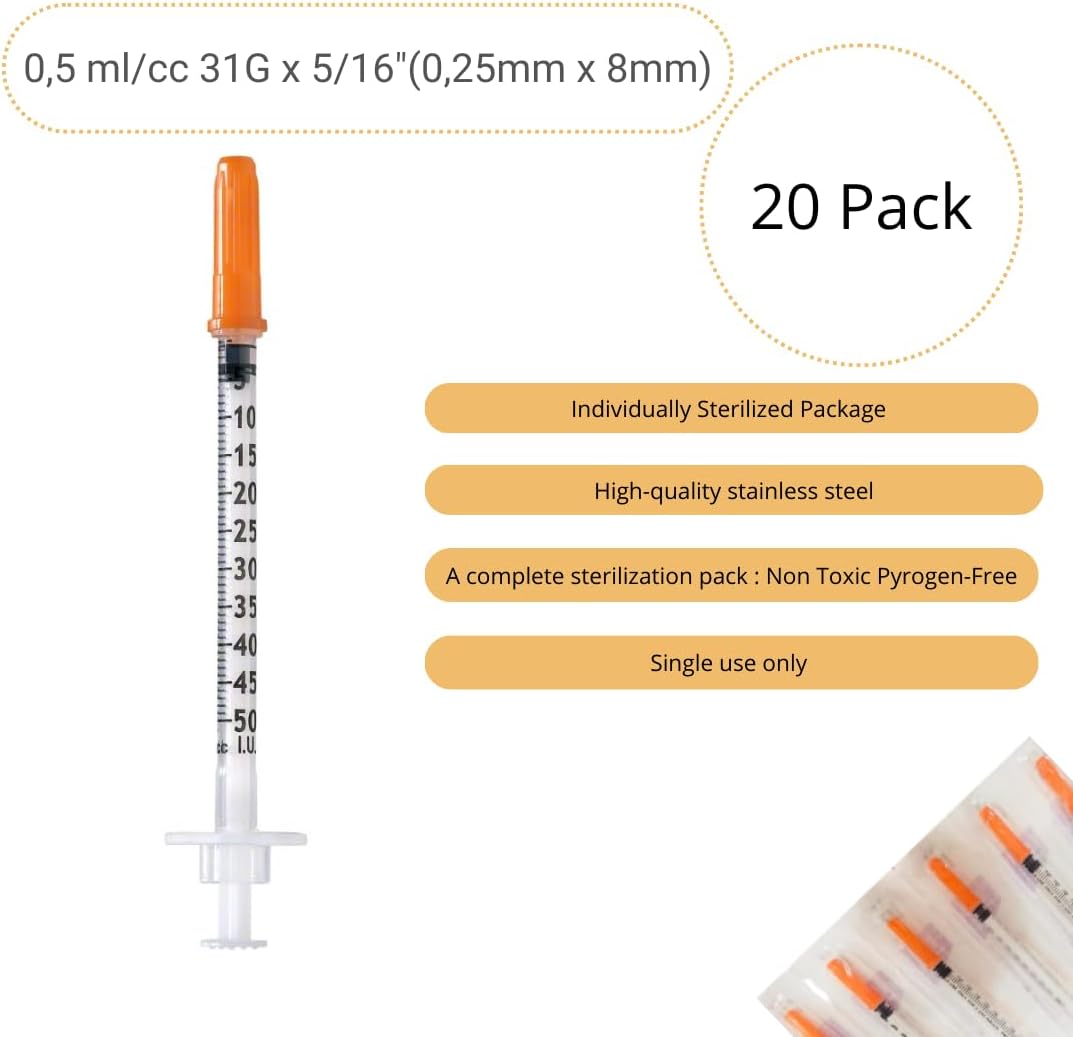 Pack of 20pcs 0.5 ml/cc Plastic Tube 31G (0.25х 8mm) Multi-Purpose Measuring Tools, Individually Wrapped, Lab Accessories (31G-8mm)