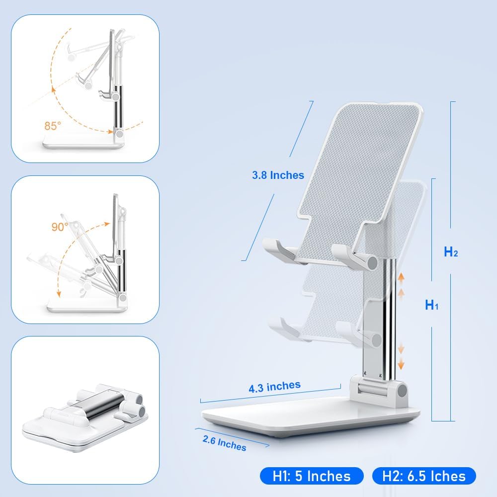 OGMAPLE Cell Phone Stand, Angle Height Adjustable Cell Phone Holder with Silicon Pad for Desk Fully Forldable Mobile Phone Holder Compatible with All Mobile Phones (White)