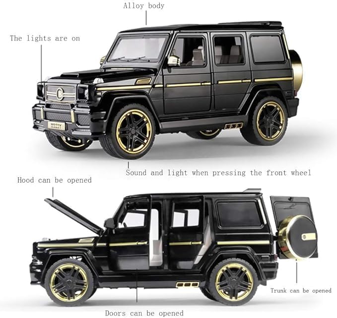 YALLABUYIT G65 نموذج سيارة مصبوبة قابلة للسحب للخلف بمقياس 1:24 من سبائك الزنك للأطفال مع صوت وأضواء حقيقية، هدايا عيد الميلاد للأولاد، مقتنيات مع بطاقة حاجز (أسود)