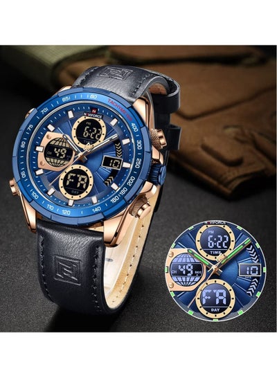 Mens Digital Analog Watch Waterproof Sport Leather Band Watch with Alarm Dual Display Date Wristwatch NF9197