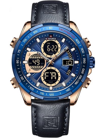 Mens Digital Analog Watch Waterproof Sport Leather Band Watch with Alarm Dual Display Date Wristwatch NF9197