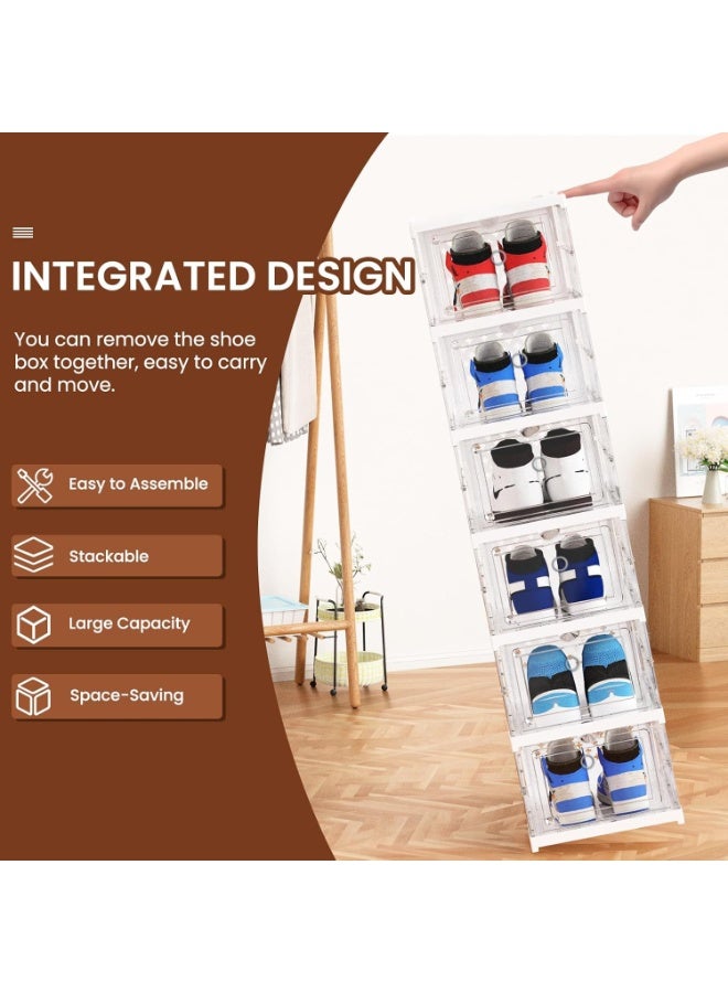 Eworld Clear Stackable Shoe Boxes – 6-Pack Foldable Shoe Storage Containers, Fits Up to Size 13, Sneaker Display Holder with Transparent Front & Ventilated Design for Closet Space Saving