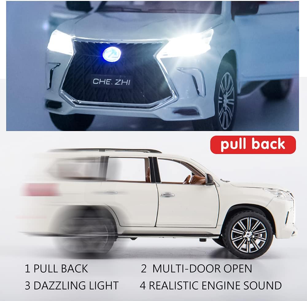 سيارة لكزس 570 فاخرة للطرق الوعرة من BDTCTK بمقياس 1/24، سيارة لعبة كبيرة من سبائك الزنك مع صوت وإضاءة كهدية للأطفال الأولاد والبنات (أبيض)