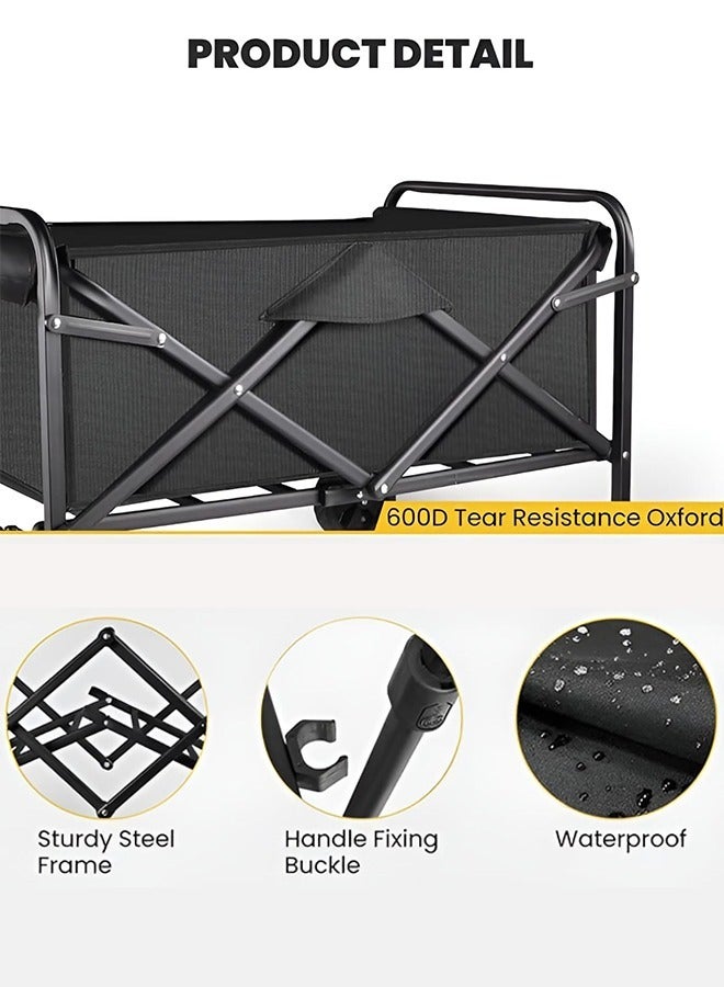 Foldable Shopping Cart – Heavy-Duty 100kg Utility Trolley with Adjustable Handle, 2 Pockets & 360° Wheels, Waterproof Fabric, Compact for Beach, Camping, Outdoor Garden Cart & Daily Use – Black