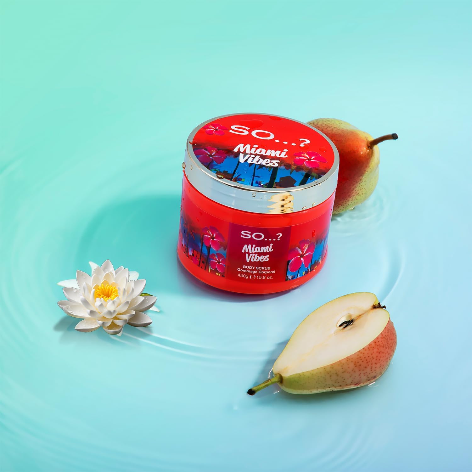 So…? Escapes Women's Miami Vibes Fruity and Floral Exfoliating Body Scrub 450g With Sweet Pear, Green Melon and Apple Blossom Fragrance, Cruelty Free