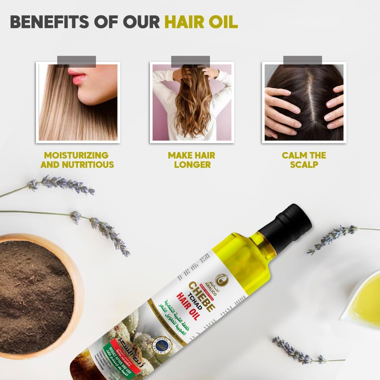 AMALICO Oil for Hair Growth with Chebe Powder - Ready to use Organic Oil for Scalp and Dry Damaged Hair - Natural Oil Infused with Canola, Palm, Ostrich and Olive Oil - 250 ML