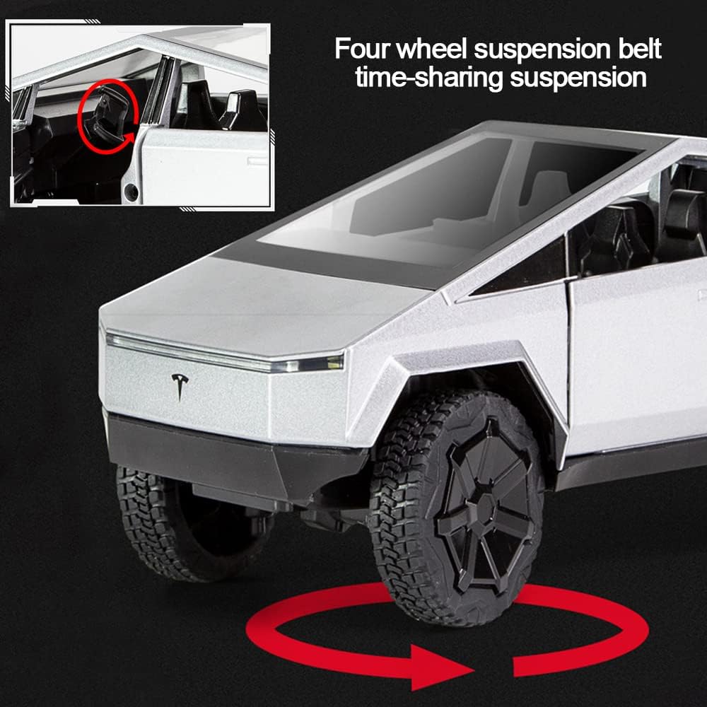 1:24 Scale Cybertruck Model Toy Pull Back Pick-Up Truck with Sound and Light, Alloy Diecast Truck Toys for Kids Gift or Tesla Vehicles Model Collection Enthusiasts (Silver)