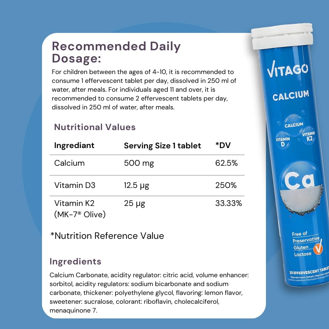 Vitago Calcium Effervescent Tablet, Vitamin D3, K2, High Absorption Calcium, Strong Bones and Teeth - 20 Tablets