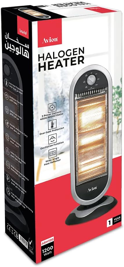 مدفأة هالوجين، 1200 واط، وظيفة التذبذب، عاكس حرارة بزاوية واسعة، 3 مستويات حرارة