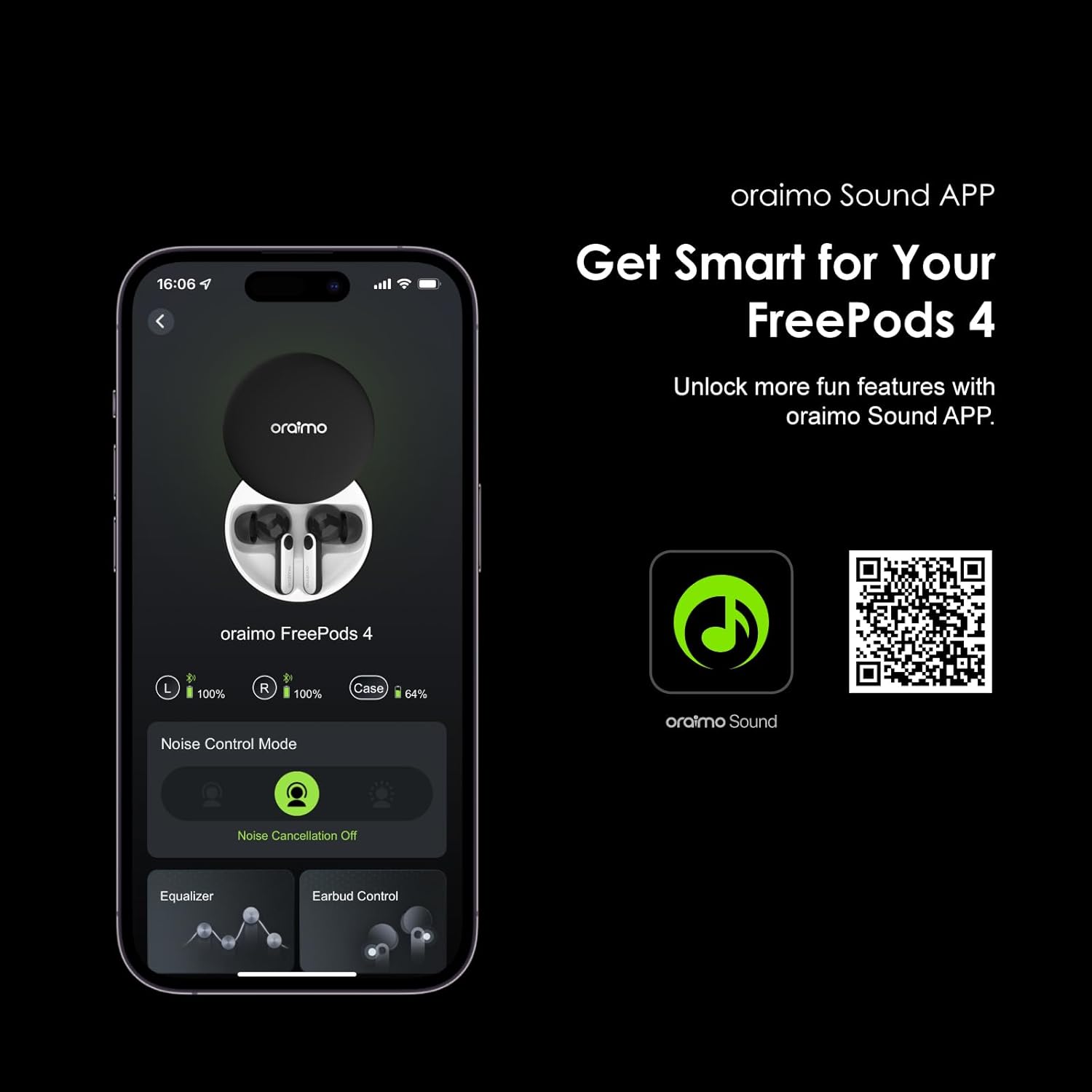 Oraimo Free pods 4 OEB-E105D Active Noise Cancellation+IPX5 Waterproof - Sweat Protection + Customize Your Listening- Black - 12 Months Local warranty