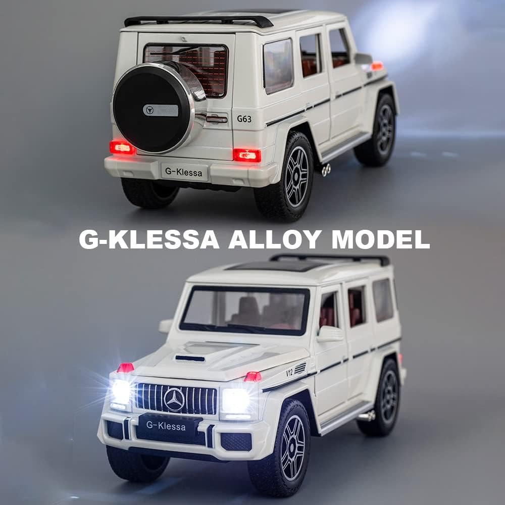 سيارة EROCK الرائعة موديل 1/24 Benz G63 AMG، سيارة لعبة من سبائك الزنك قابلة للسحب للخلف مع صوت وإضاءة للأطفال الأولاد والبنات (أبيض)