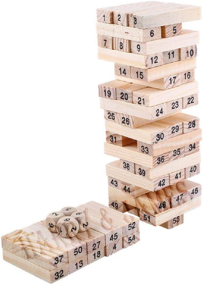 لعبة أحجية مكعبات البناء الخشبية من هاري آند جيمس®، 54 قطعة، لعبة تحدي مكونة من 4 قطع نرد، مكعبات خشبية قابلة للتكديس، لعبة برج متدحرج مكونة من 54 قطعة مع 4 قطع نرد للكبار والصغار.