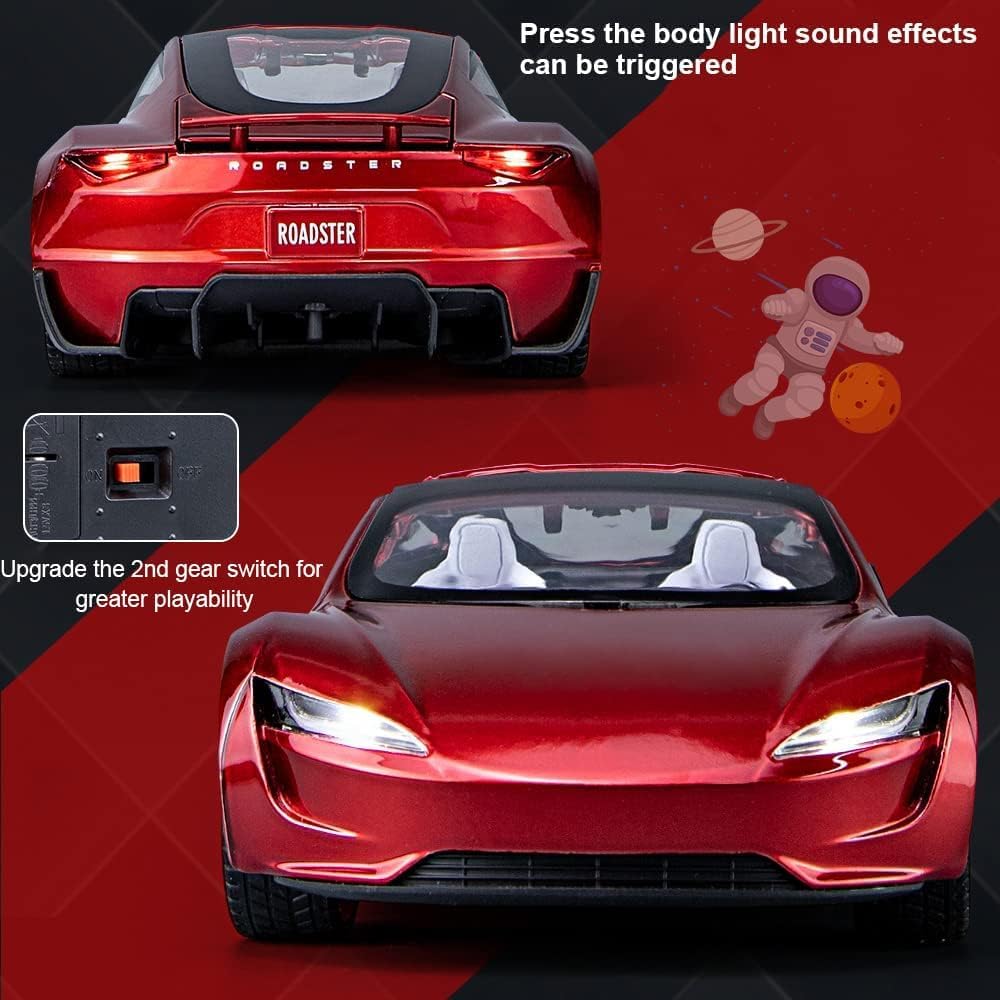 نموذج سيارة تيسلا رودستر من سبائك معدنية بمقياس 1:24 من EROCK، سيارة تيسلا قابلة للسحب مع أضواء وموسيقى، هدايا للأولاد والبنات. (أحمر)