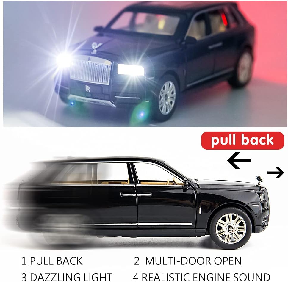 لعبة سيارة رولز رويس كولينان الرياضية متعددة الاستخدامات بمقياس 1/24 من BDTCTK، سيارات مصبوبة من سبائك الزنك مع صوت وضوء للأطفال والأولاد والبنات (أسود)