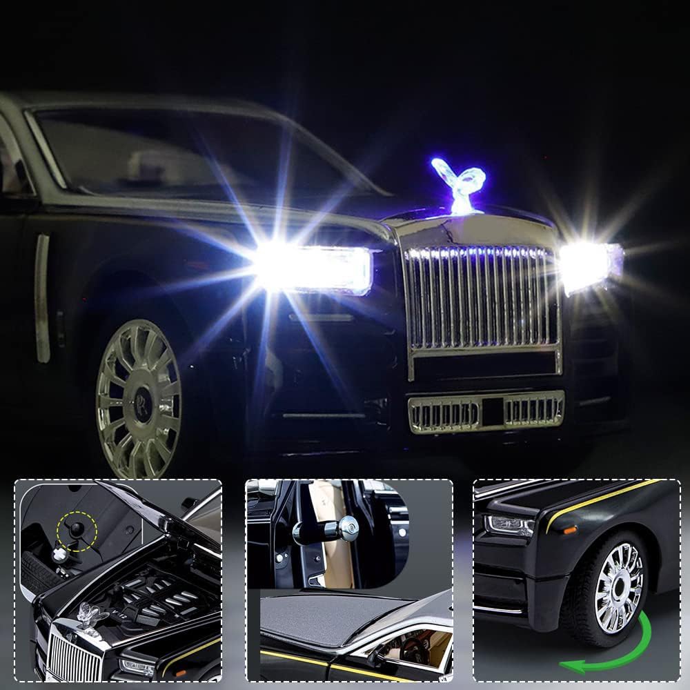 EROCK 1/24 Diecast Car Model Rolls-Royce Phantom Toy Car, Alloy Collectible Phantom Replica Pull Back Model Car Vehicles with Sound and Light for Kids Boys Girls Birthday Gift