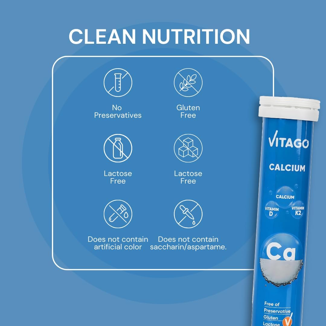 Vitago Calcium Effervescent Tablet, Vitamin D3, K2, High Absorption Calcium, Strong Bones and Teeth - 20 Tablets