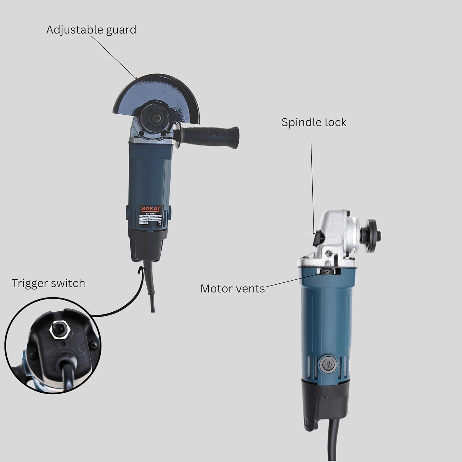 Bonai BN-HK65 Angle Grinder 1200W 115mm 11000RPM | Powerful Electric Cutting and Grinding Machine for Metal, Stone, Wood, and Construction Use