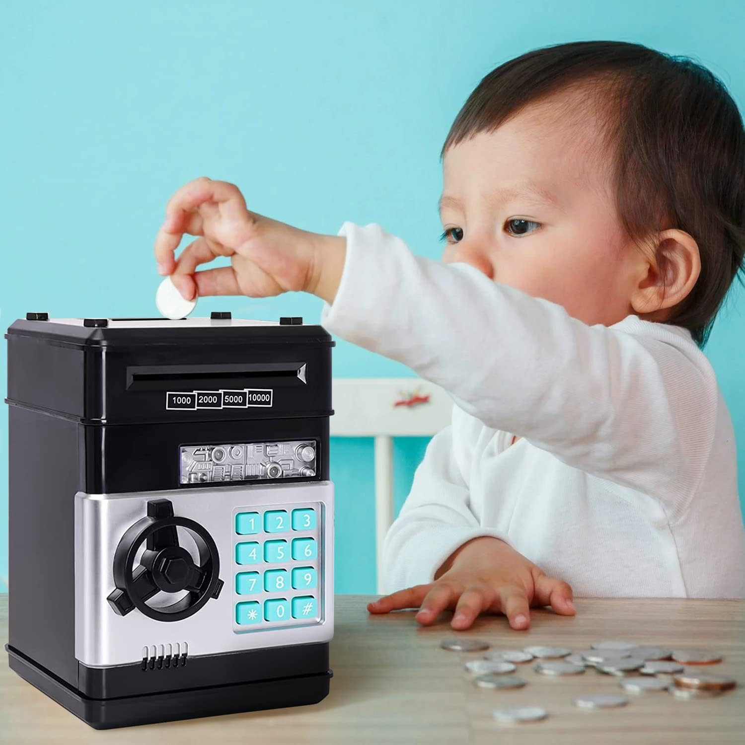 حصالة نقود من أكالو للأطفال، ماكينة صراف آلي صغيرة مزودة بتمرير تلقائي، صندوق توفير للعملات الورقية مع كلمة مرور، صندوق توفير للعملات النقدية والقطع النقدية للأولاد والبنات، هدايا وألعاب (أسود)