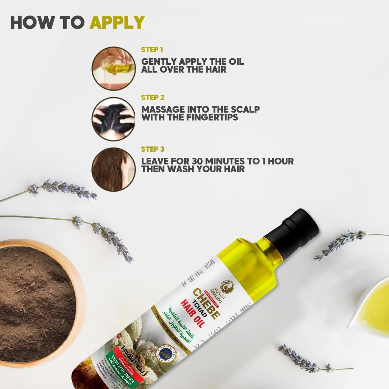 AMALICO Oil for Hair Growth with Chebe Powder - Ready to use Organic Oil for Scalp and Dry Damaged Hair - Natural Oil Infused with Canola, Palm, Ostrich and Olive Oil - 250 ML