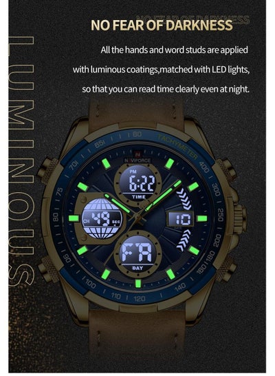 Mens Digital Analog Watch Waterproof Sport Leather Band Watch with Alarm Dual Display Date Wristwatch NF9197