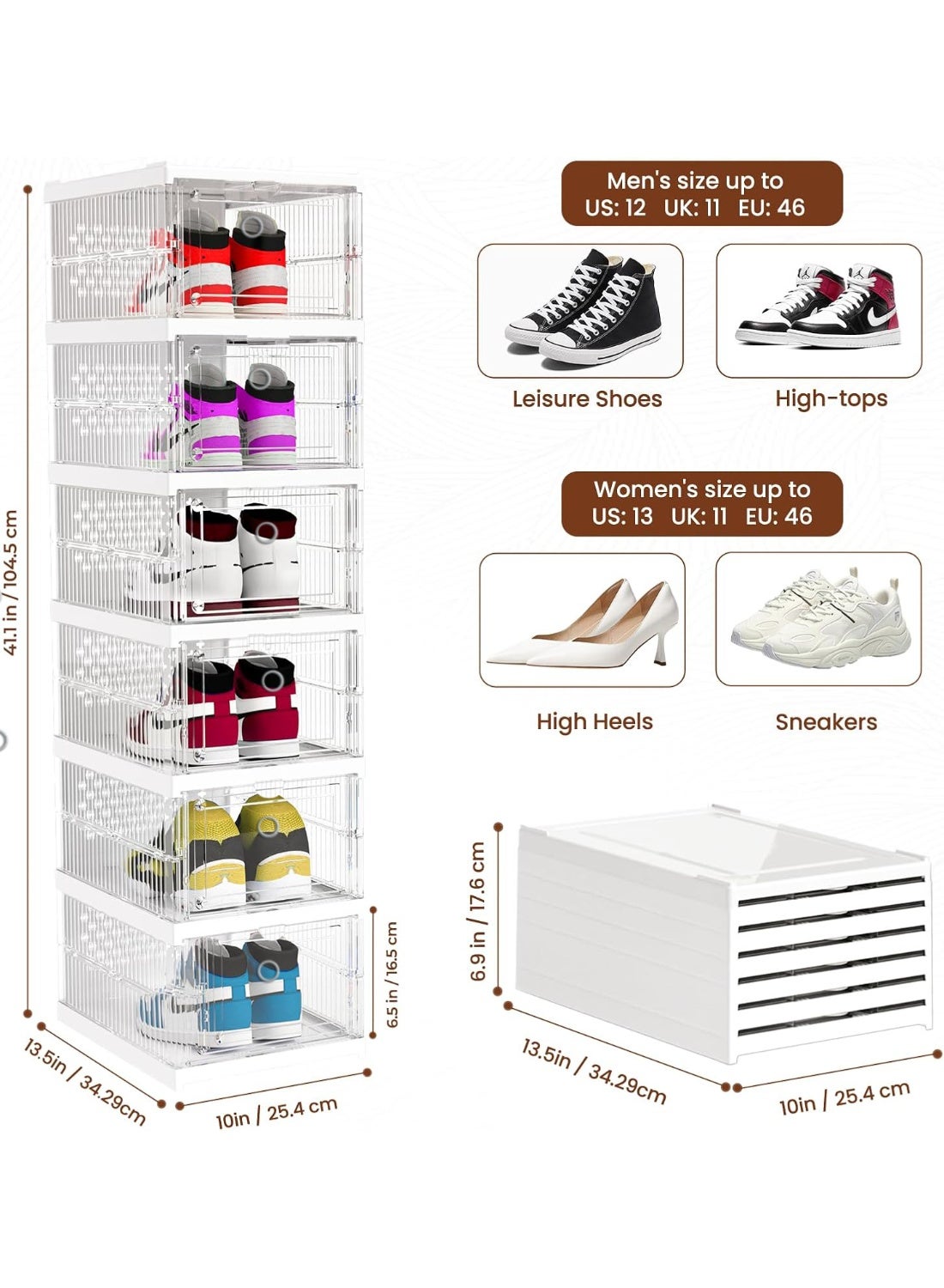 Eworld Clear Stackable Shoe Boxes – 6-Pack Foldable Shoe Storage Containers, Fits Up to Size 13, Sneaker Display Holder with Transparent Front & Ventilated Design for Closet Space Saving