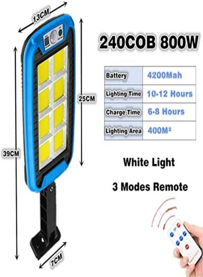 Smart Solar Street Lamp Solar Power Sensor Light Water Resistant With Remote Control Used for Outdoor Wall Lamp on Park Street (240 COB Lights. (Blue)