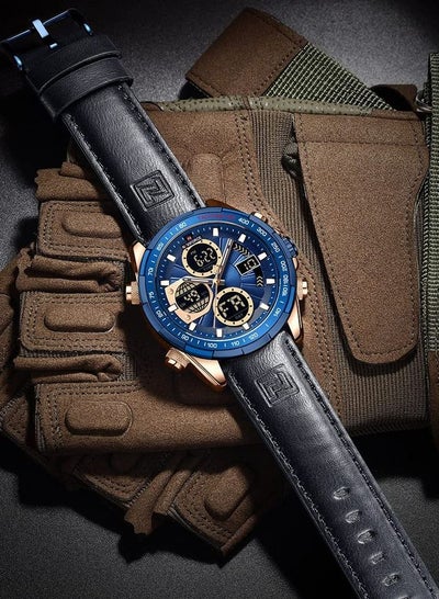 Mens Digital Analog Watch Waterproof Sport Leather Band Watch with Alarm Dual Display Date Wristwatch NF9197