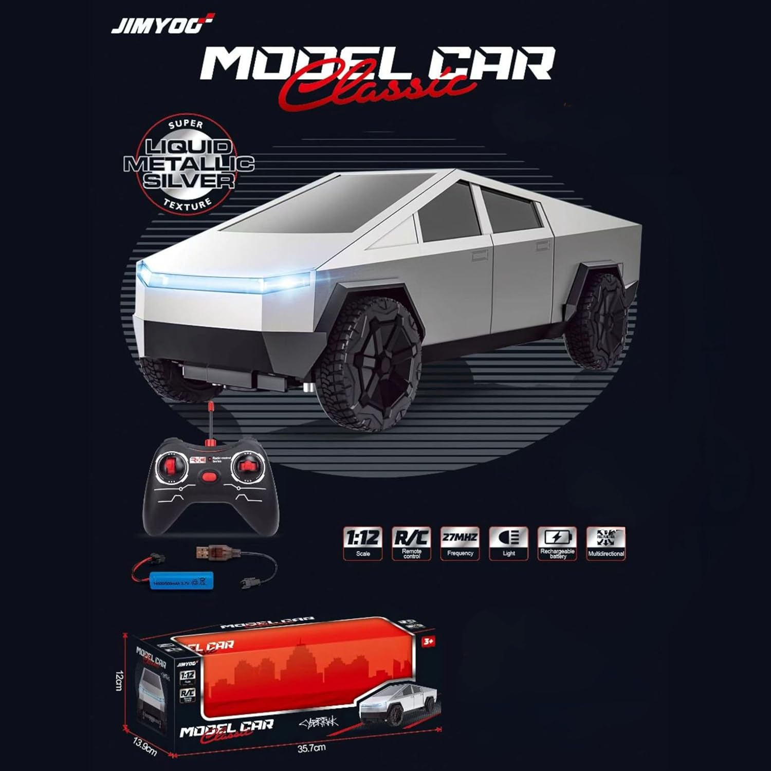 شاحنة تسلا سايبرترك 1:12 من تويز ستورم، شاحنة يتم التحكم بها عن بُعد بتردد 2.4 جيجاهرتز، مزودة بوحدة تحكم مخصصة، مزودة بمصابيح أمامية وخلفية، مناسبة للعب في الأماكن المغلقة والمفتوحة كهدية عيد ميلاد للأطفال