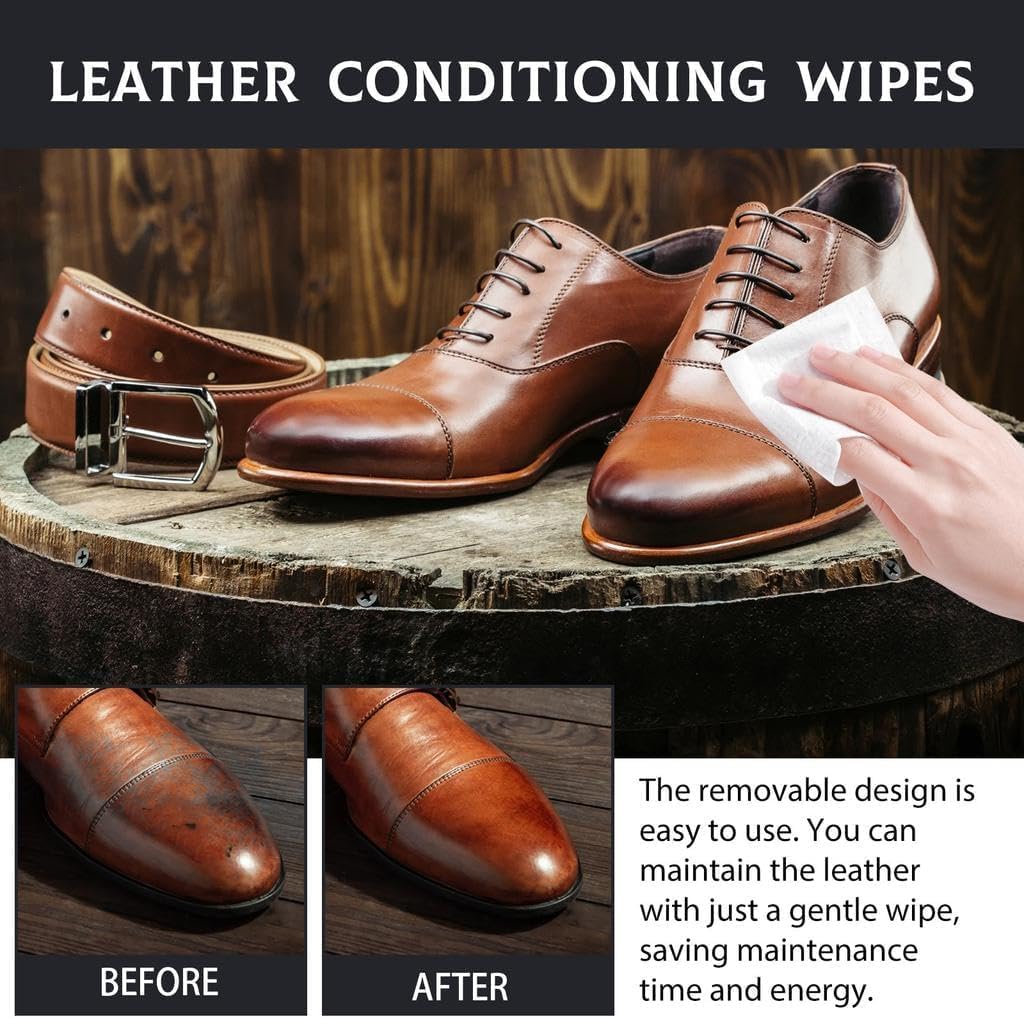 مناديل تنظيف الجلود، مناديل تنظيف المفروشات الجلدية، حقائب الأحذية، السترات، القبعات، متعددة الأغراض، تنظيف وتلميع سريع، إزالة سريعة للبقع والأوساخ، مناديل للاستخدام اليومي والسفر (عبوة من قطعتين، 60 قطعة)