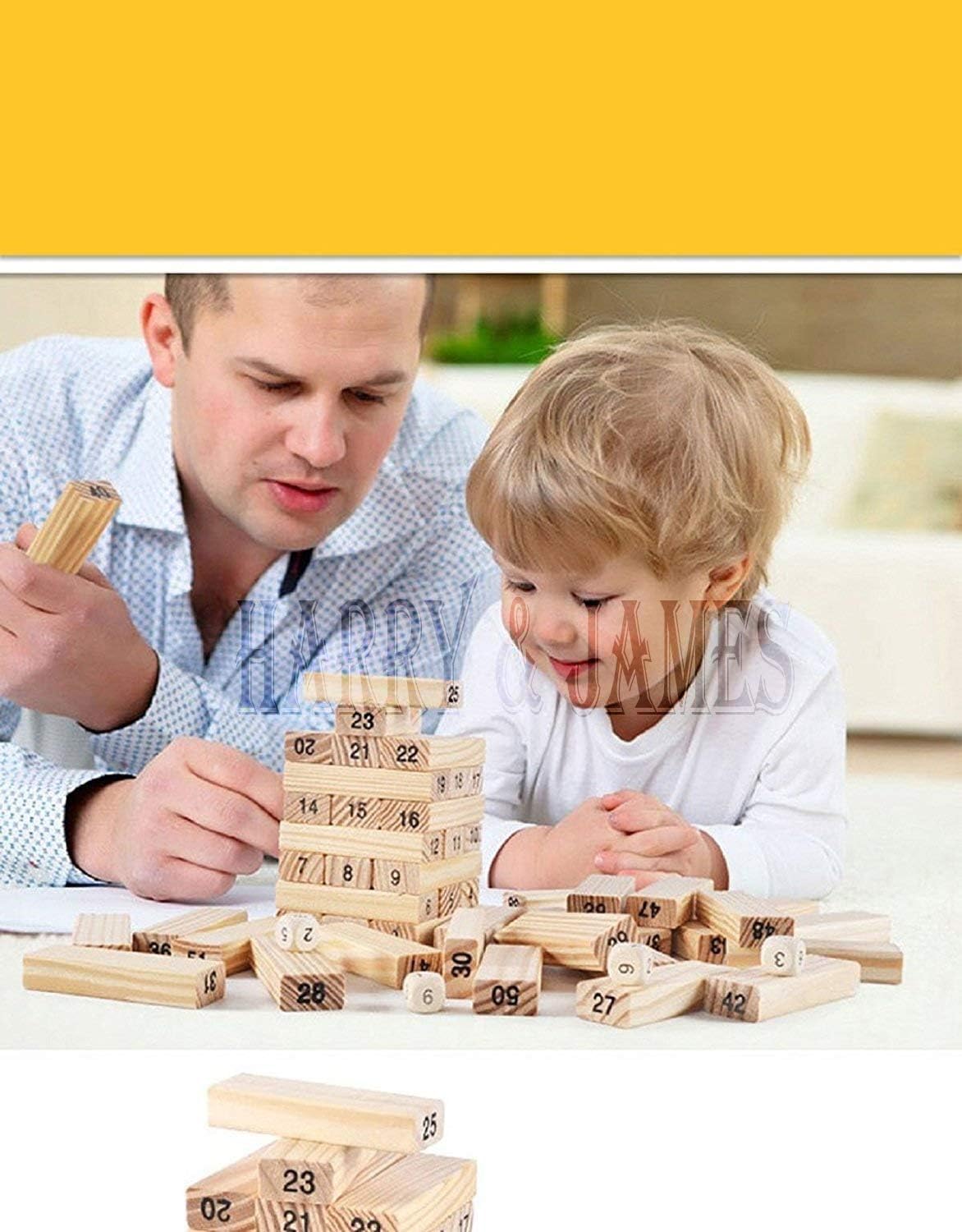 لعبة أحجية مكعبات البناء الخشبية من هاري آند جيمس®، 54 قطعة، لعبة تحدي مكونة من 4 قطع نرد، مكعبات خشبية قابلة للتكديس، لعبة برج متدحرج مكونة من 54 قطعة مع 4 قطع نرد للكبار والصغار.