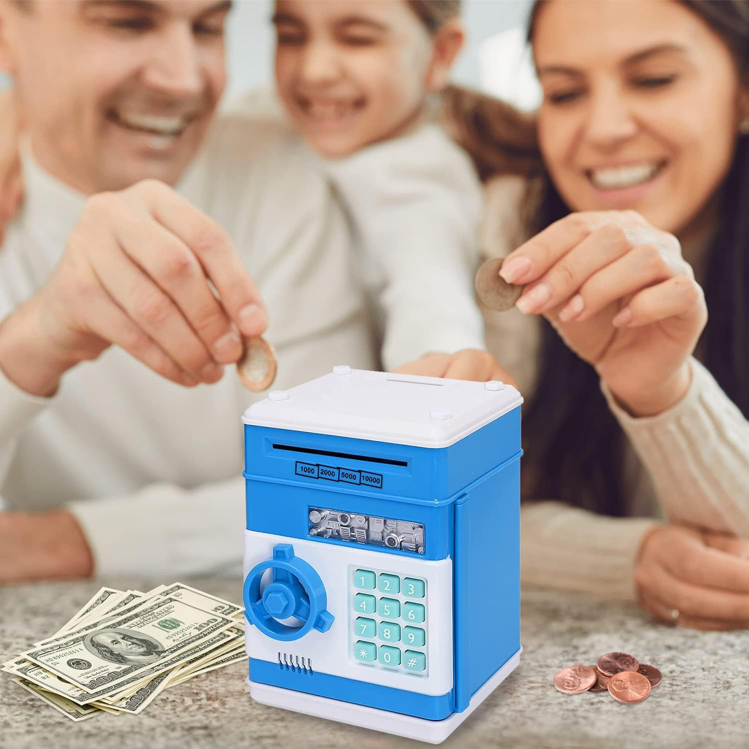 Acalu Piggy Bank boalord for Kids, Mini ATM Auto Scroll Paper Coin Bank Money Saving Box with Password, Cashes & Coins Saving Box for Boys and Grils Gifts Toys (Blue)