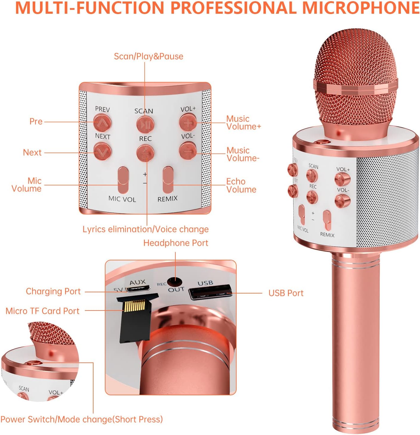 ميكروفون GIFTMIC للأطفال للغناء، ميكروفون كاريوكي لاسلكي يعمل بالبلوتوث للبالغين، جهاز كاريوكي محمول باليد، ألعاب للأولاد والبنات هدية لحفلات أعياد الميلاد (ذهبي وردي)