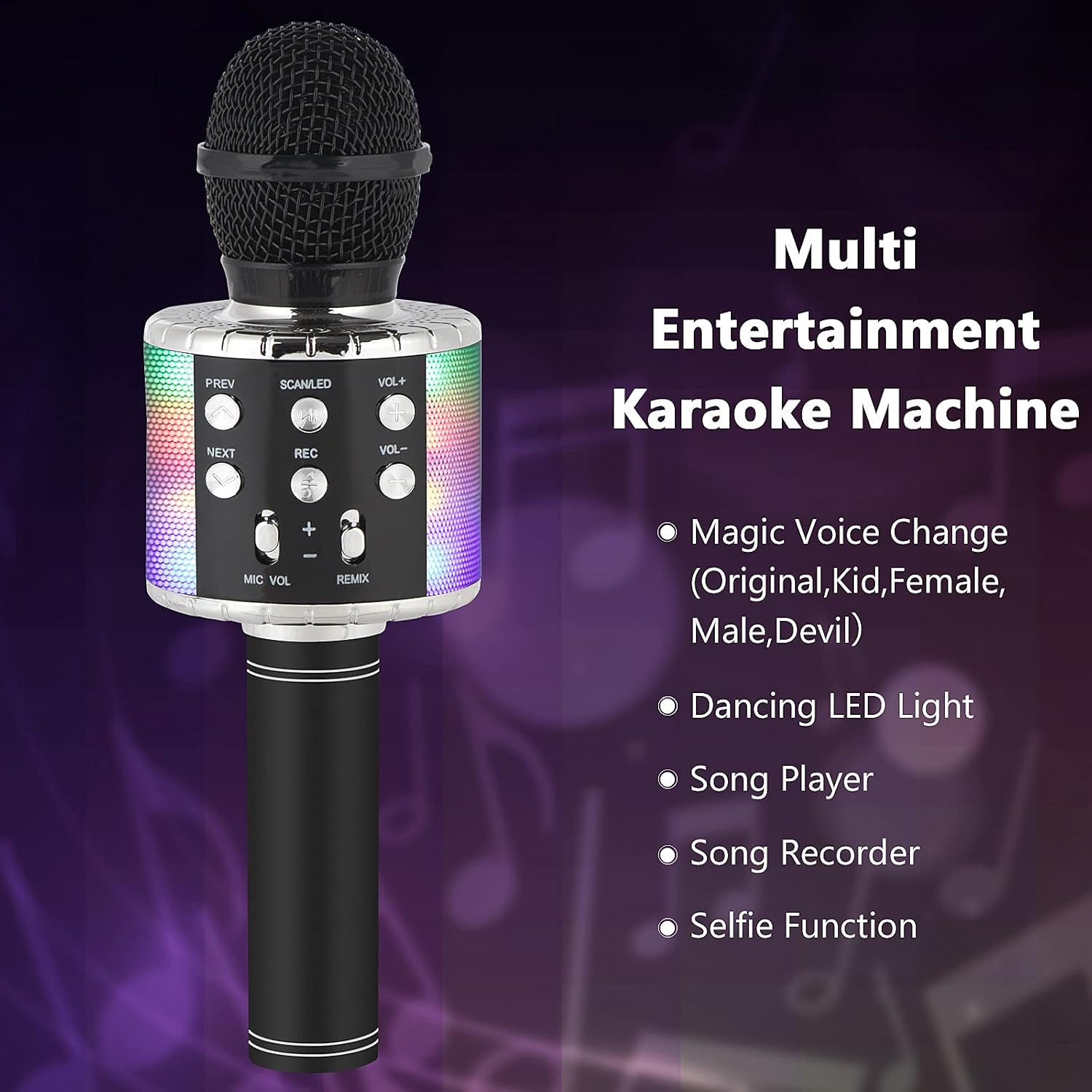 ميكروفون ميلرونغ للأطفال الذين يغنون الكاريوكي، جهاز كاريوكي لاسلكي 5 في 1 مزود بإضاءة LED، ميكروفون محمول ومكبر صوت ومشغل مسجل للحفلات المنزلية، لون أسود