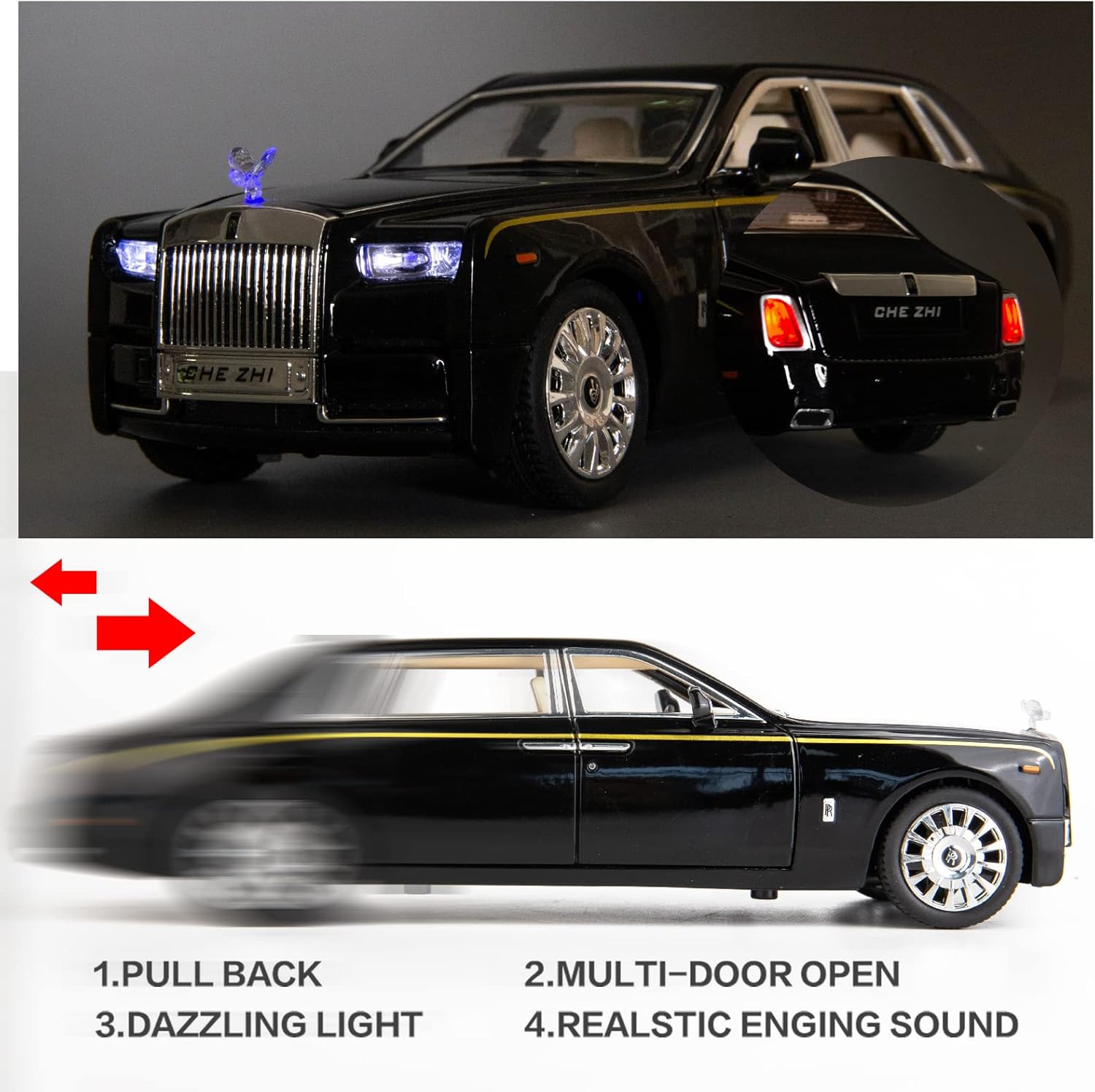 سيارة رولز رويس فانتوم موديل 1/24 من BDTCTK، لعبة سحب للخلف من سبائك الزنك، سيارات لعبة مصبوبة مع صوت وضوء للأطفال والأولاد والبنات (أسود-أسود)