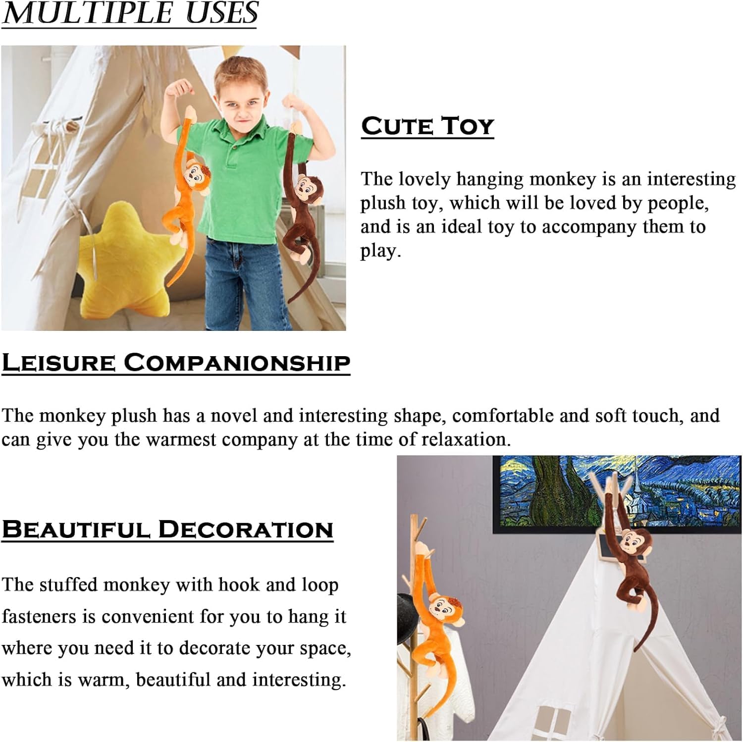 ألعاب قرد قطيفة ملونة، حيوانات محشوة ناعمة معلقة، مع ضوء للعين وصوت، مجموعة من 6 قطع - متنوعة