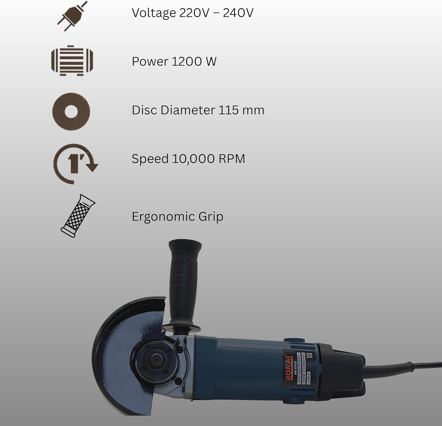 Bonai BN-HK65 Angle Grinder 1200W 115mm 11000RPM | Powerful Electric Cutting and Grinding Machine for Metal, Stone, Wood, and Construction Use