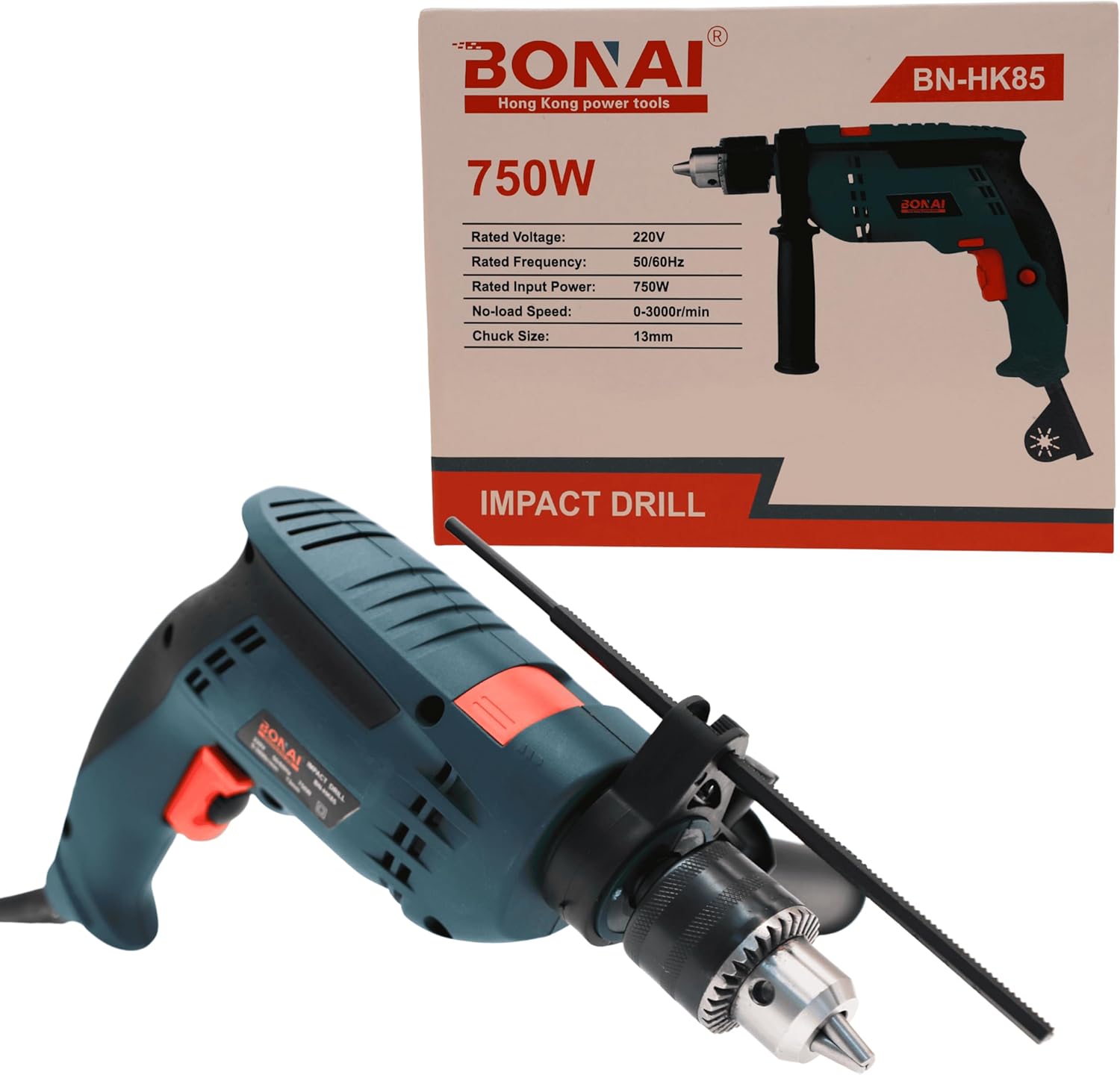 BONAI BN-HK85 750W Impact Drill, 13mm Variable Speed Electric Power Tool for Drilling Wood, Metal, Concrete & Masonry, Heavy Duty Corded Drill Machine with Adjustable Side Handle – 220V