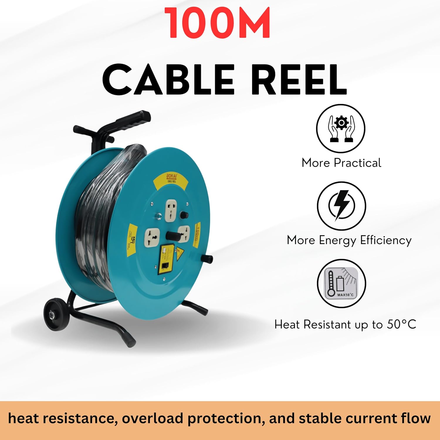 Bonai BN-HK95 100m Heavy Duty Cable Reel with Adjustable Handle & Wheels, 3 Socket Power Extension Drum, 220-240V Industrial Wire Reel, 2x2.5mm² Electric Cord for Workshop, Construction & Outdoor